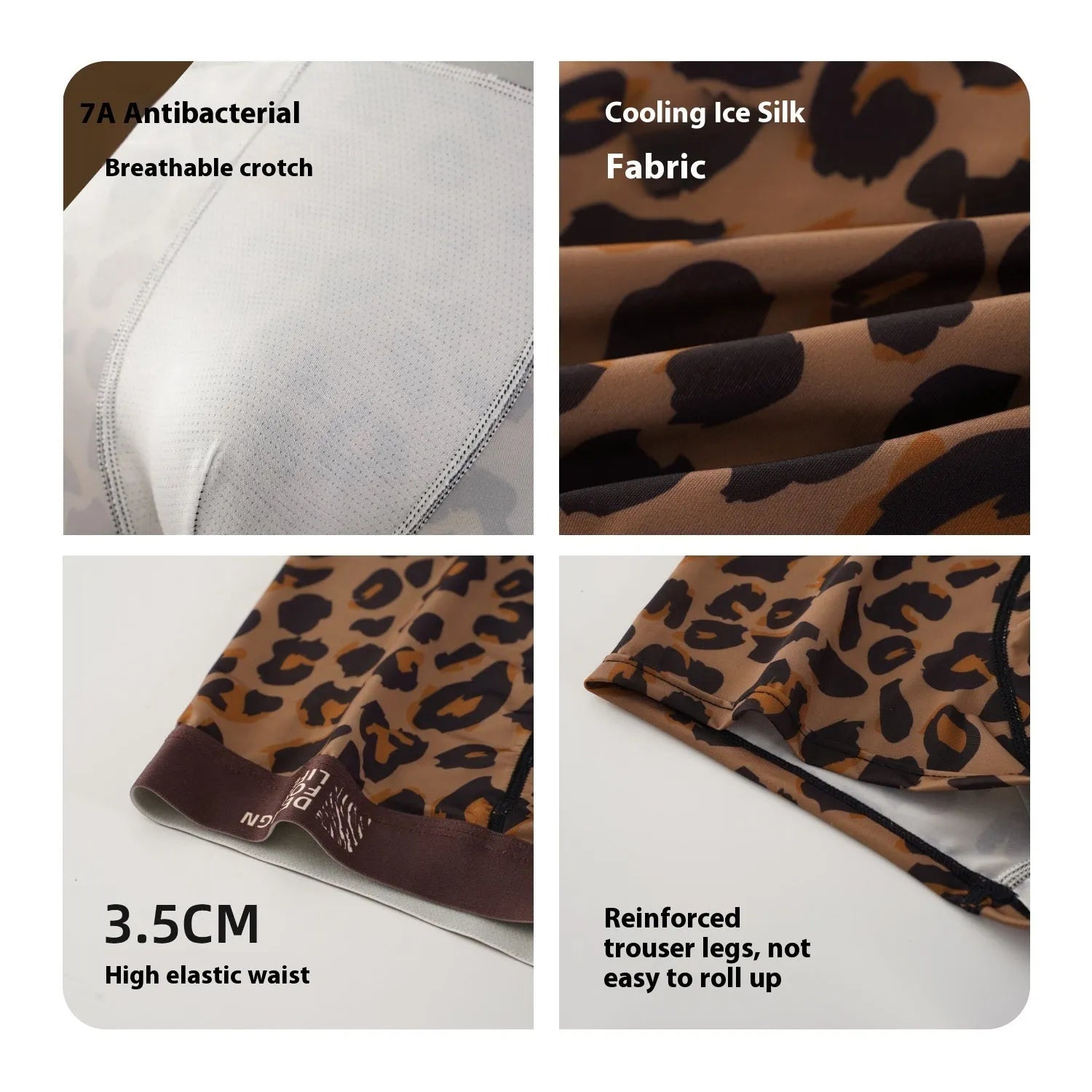 Men's leopard print polyester underwear trunks in mid waist style on a white background.