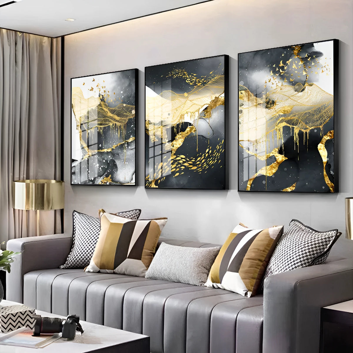 Golden black and white frameless canvas wall art painting on textured canvas