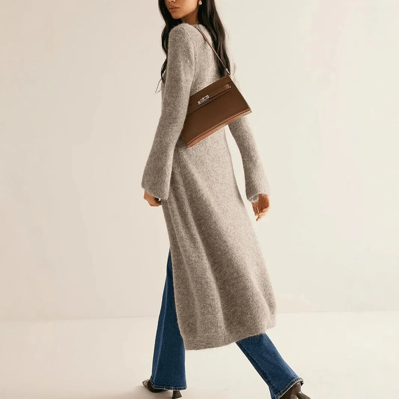 Women's long sleeve cardigan coat in acrylic viscose fabric with button fastening available in S, M, L sizes for office wear and daily commutes, khaki colour retro French style outerwear