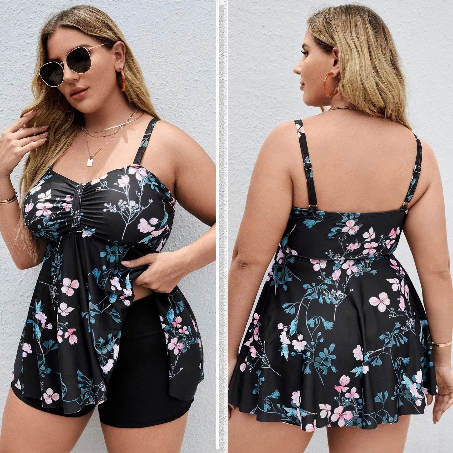 Women's floral print one-piece swimsuit in split colours with high elasticity fabric