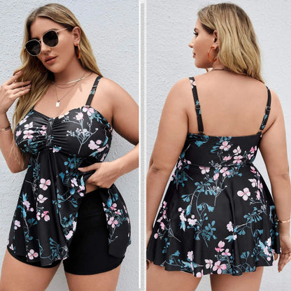 Women's floral print one-piece swimsuit in split colours with high elasticity fabric