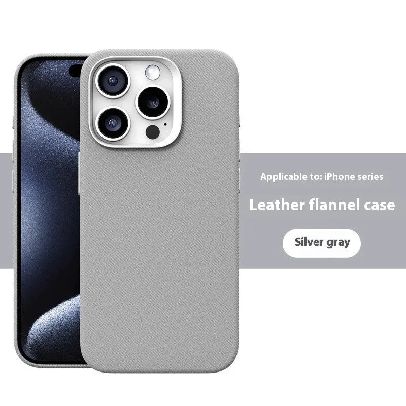 Leather flannel magnetic phone case for iPhone in silver gray, light blue, black, dark purple, bean green, fir green, orange, dark blue with frosted finish