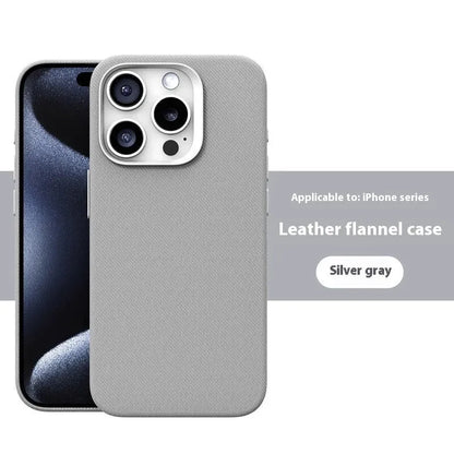 Leather flannel magnetic phone case for iPhone in silver gray, light blue, black, dark purple, bean green, fir green, orange, dark blue with frosted finish