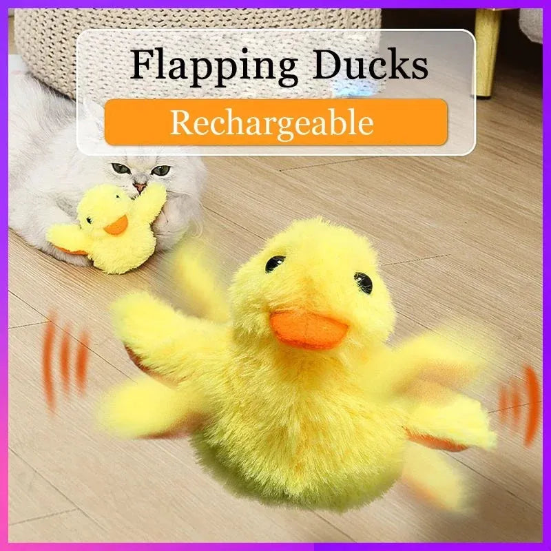 Yellow electric flapping duck cat toy with vibration sensor and USB-C charging cable