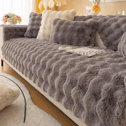 Modern solid colour sofa cushion with thickened bubble rabbit hair plush fabric on a combination sofa.