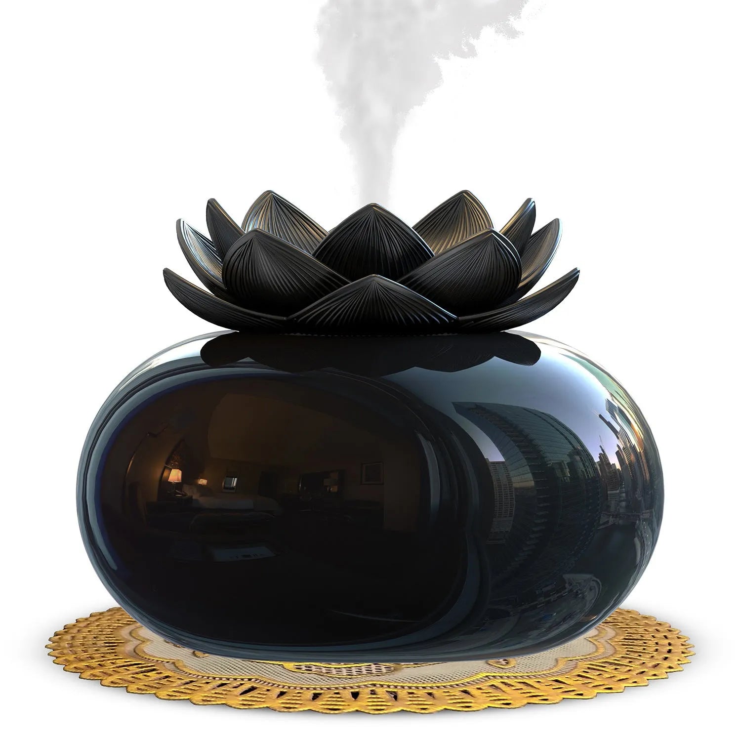 Round black Lotus aromatherapy humidifier with USB cable connection and single mist outlet