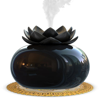 Round black Lotus aromatherapy humidifier with USB cable connection and single mist outlet