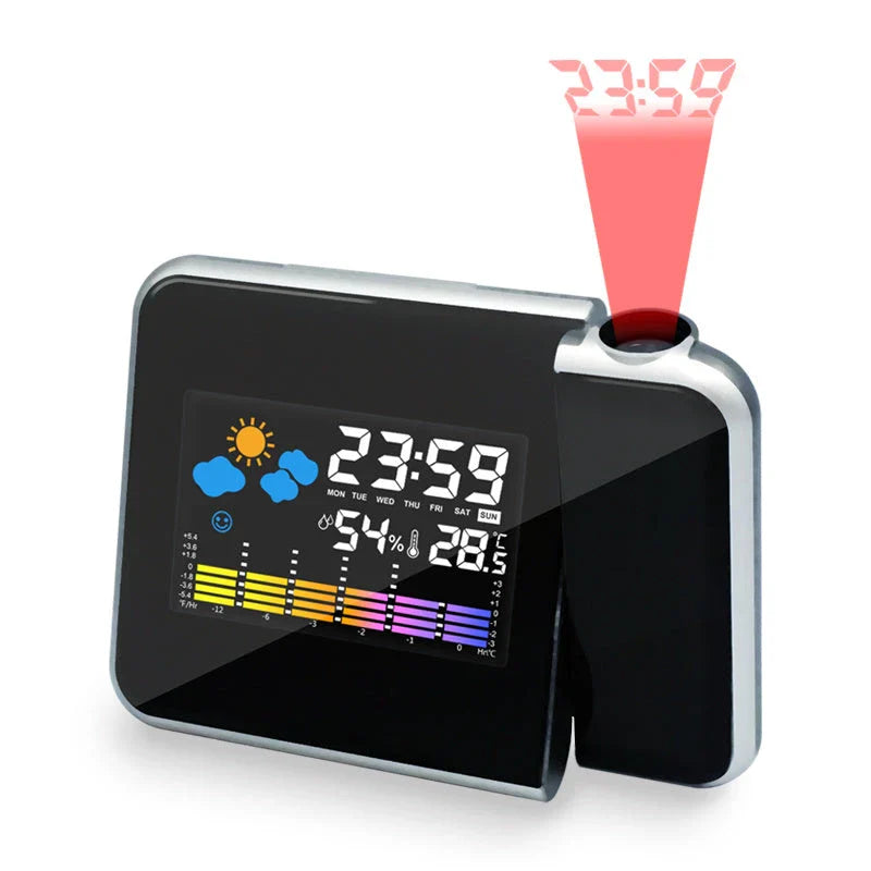 Multifunctional digital weather station alarm clock with time projection, temperature and humidity display, and weather forecast
