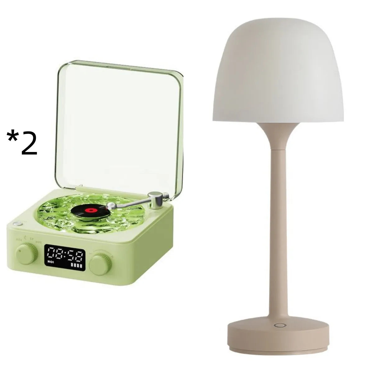 Retro-style turntable Bluetooth speaker with glowing RGB light projection on a wooden surface.
