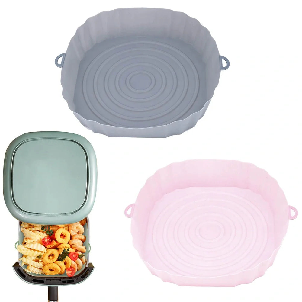Silicone air fryer baking tray with 4.5cm depth in light grey, pink, brown or green