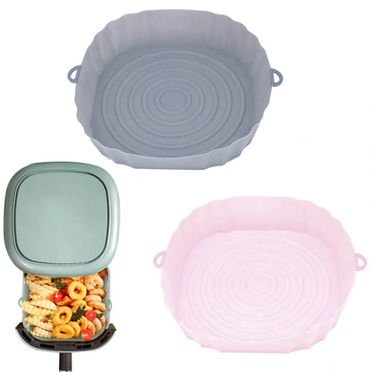Silicone air fryer baking tray with 4.5cm depth in light grey, pink, brown or green