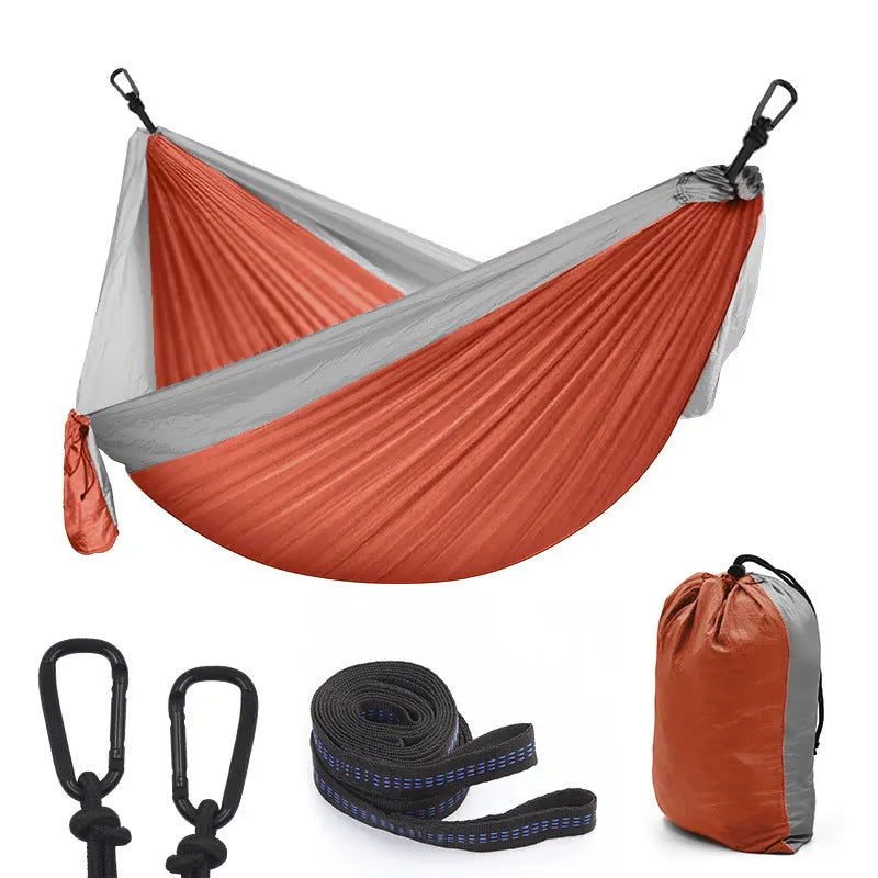 Double camping parachute hammock in colour options including black brown, black red, blue, and orange