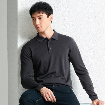 Men's fine pure wool knit pullover sweater, mid-length 65cm, long sleeve, machine washable, in iron gray, black, star gray, or Yago red.