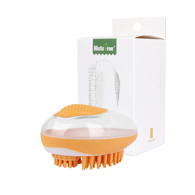 2-in-1 pet grooming brush with soft silicone bristles, shampoo reservoir, and ergonomic grip for bathing and massaging cats and dogs