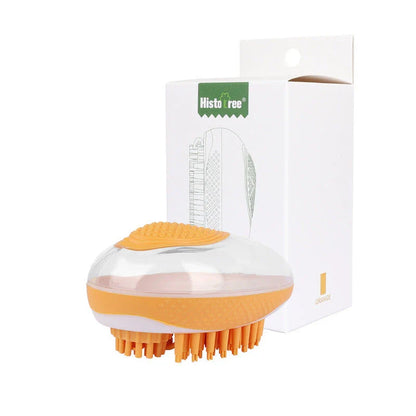 2-in-1 pet grooming brush with soft silicone bristles, shampoo reservoir, and ergonomic grip for bathing and massaging cats and dogs