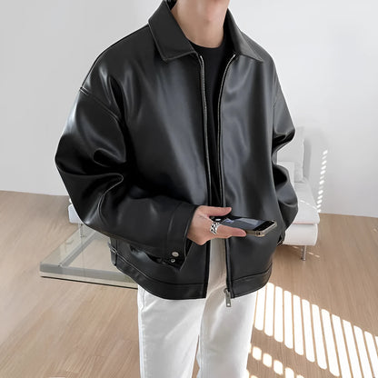 Men's black Korean leather casual baseball jacket, loose fit, side seam pockets, sizes M to 3XL