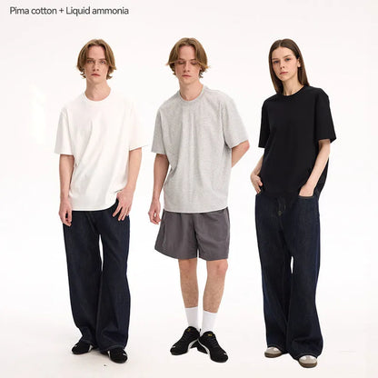 Pure cotton solid colour short-sleeve T-shirt in black, white, grey, or melange grey, sizes S-XL