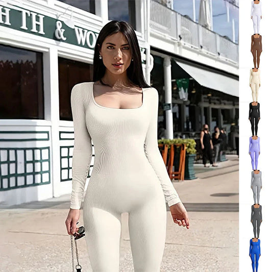 A stylish women's yoga jumpsuit with a square collar and long sleeves, available in a variety of vibrant colors.