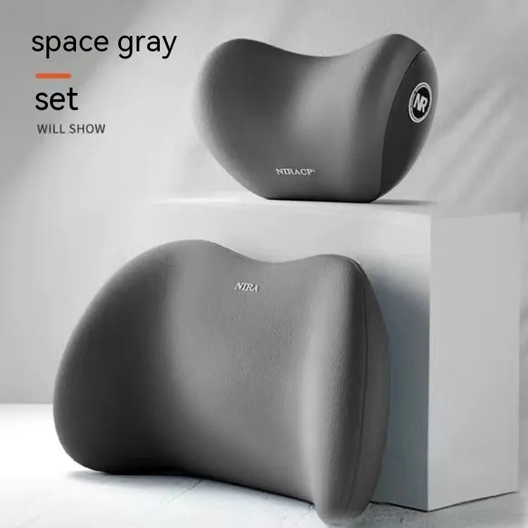 Car headrest pillow and lumbar support pillow set in a choice of five colours on a car seat.
