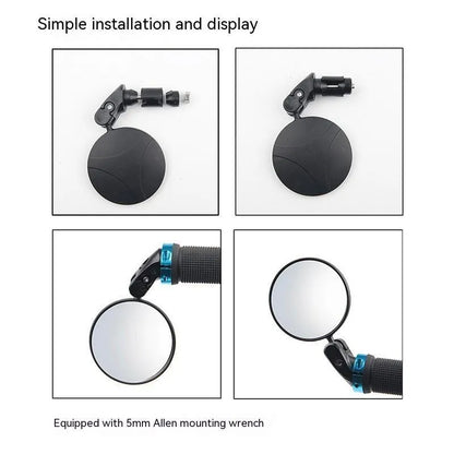 Black foldable convex rearview mirror with 7cm diameter reflector on a 14cm ABS plastic arm.