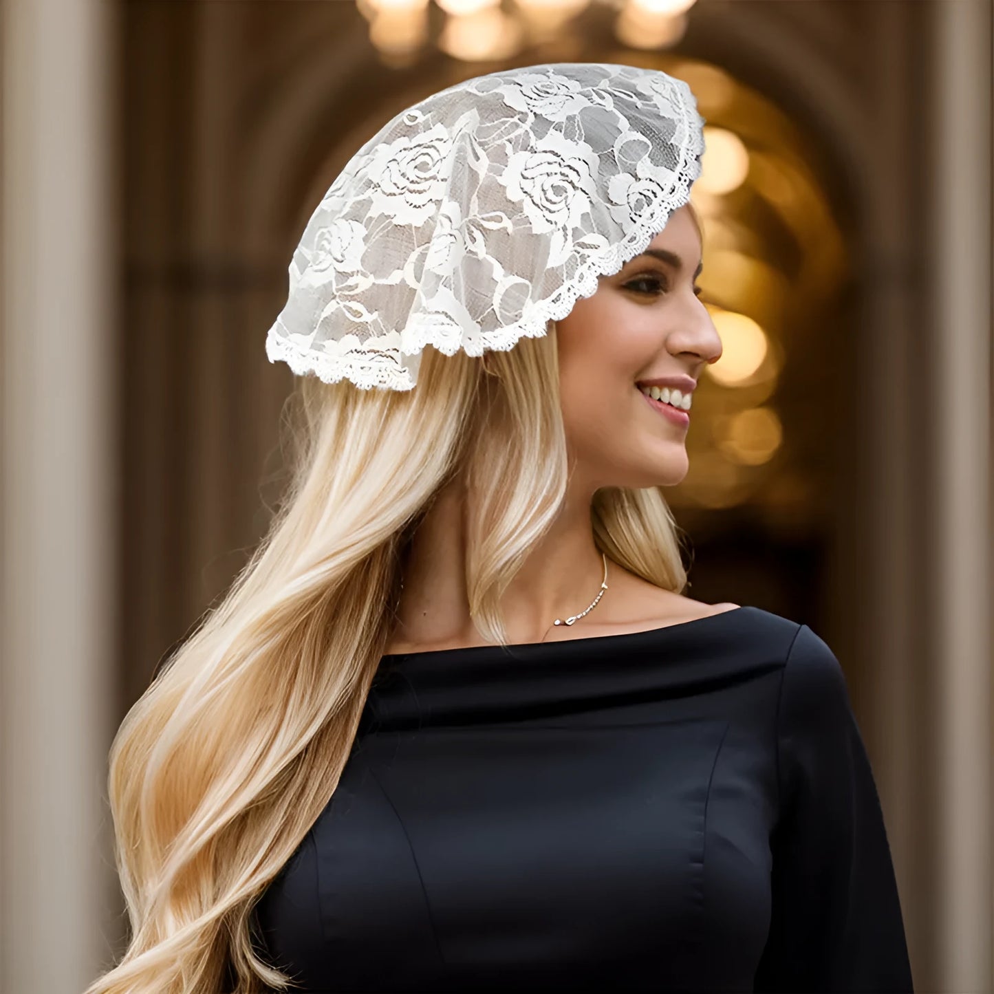 Round white floral polyester head cover accessory for brides measuring 30cm