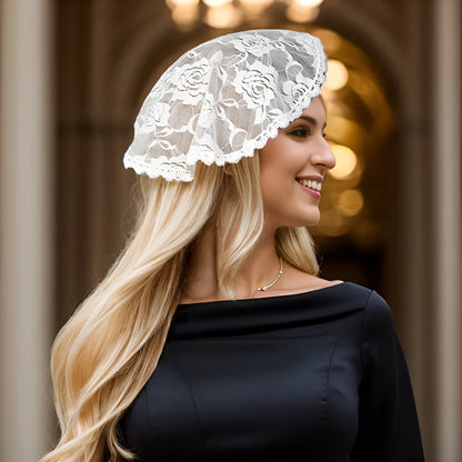 Round white floral polyester head cover accessory for brides measuring 30cm