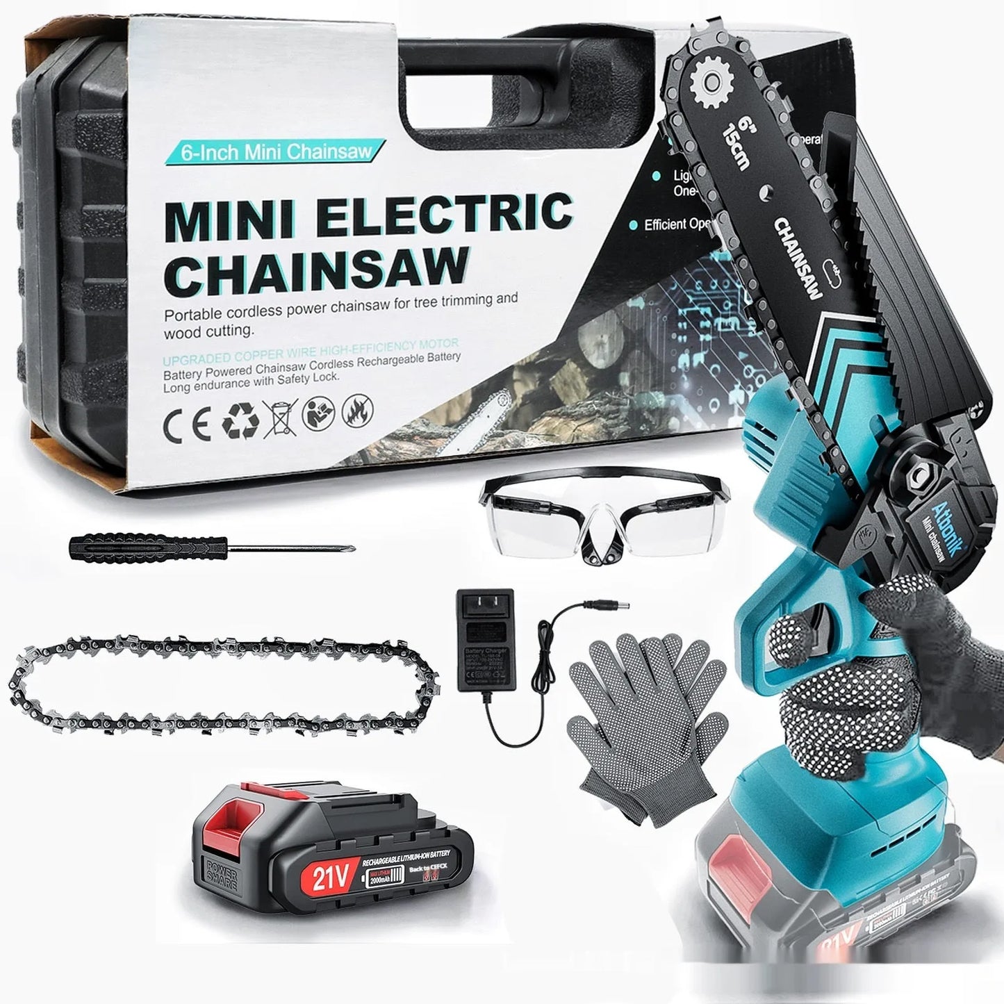 Handheld wireless electric chainsaw with 6-inch chain, batteries, safety goggles, gloves, and storage box