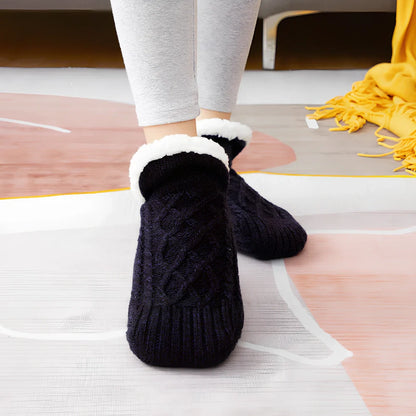Pair of thickened non-slip indoor socks in navy V-fringe, 60% acrylic with sherpa lining for warm grip on floors, sizes 35-45