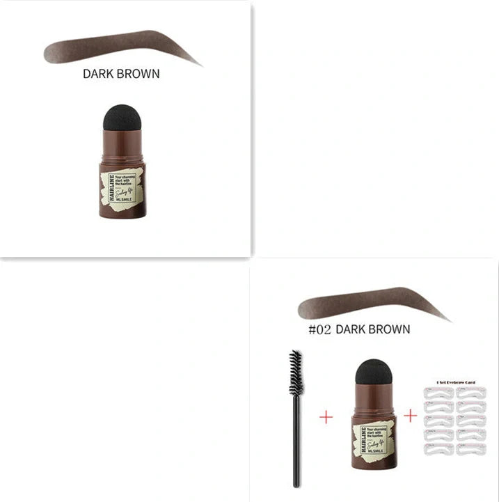 Eyebrow stamp kit with powder compact, air cushion applicator, 10 stencil cards, and dual-ended brow brush on white background