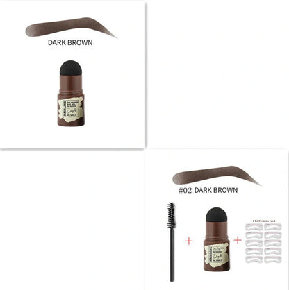 Eyebrow stamp kit with powder compact, air cushion applicator, 10 stencil cards, and dual-ended brow brush on white background