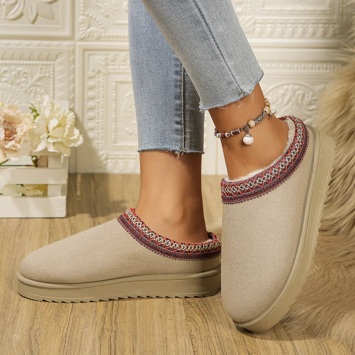 Women's half-slipper snow boots with faux fur lining, faux PU upper, and non-slip rubber sole in maroon.