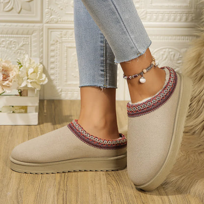 Women's half-slipper snow boots with faux fur lining, faux PU upper, and non-slip rubber sole in maroon.