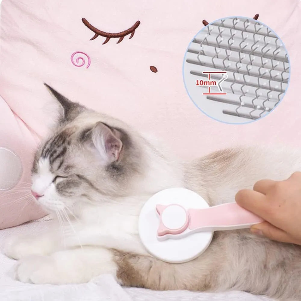 Blue self-cleaning cat brush with rubber-tipped pins and non-slip handle for grooming pets