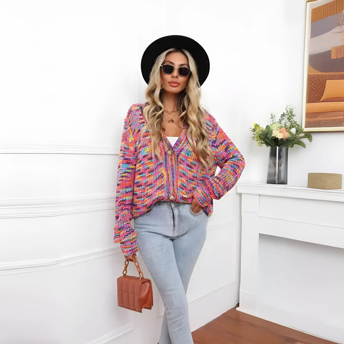 Rose Red rainbow dyed striped short cardigan knitted coat with loose fit on model.