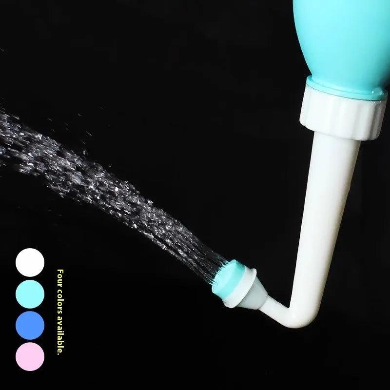 Pink female private parts cleaning device with dual nozzle head and storage bag