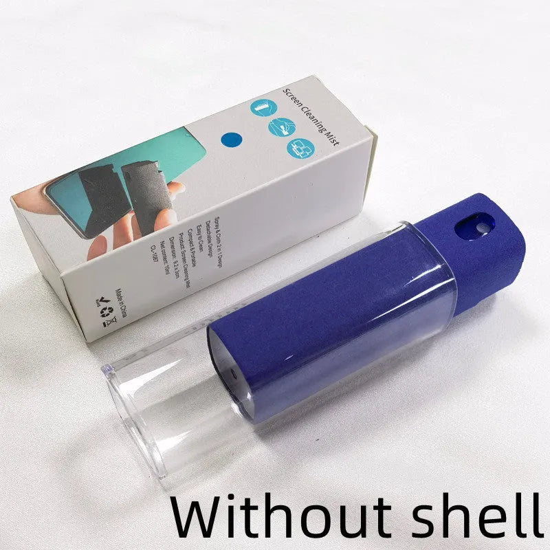 Portable all-in-one screen cleaner kit with protective shell, microfiber wipe, and internal fluid bottle.