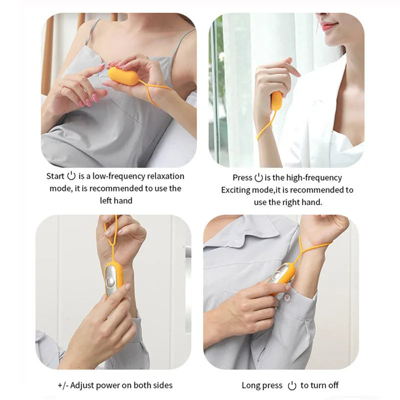 Hand-held micro-current sleep aid device in grey, green, or orange with round button and USB charging port