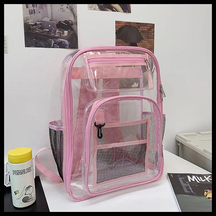 Transparent PVC waterproof backpack with a coloured inner voile bag, shown in various colours.