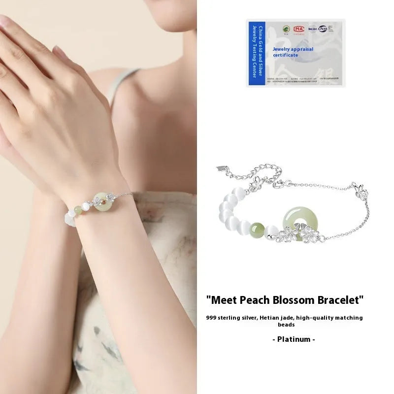 Pure silver peach blossom bracelet with safety buckle closure in new Chinese style design