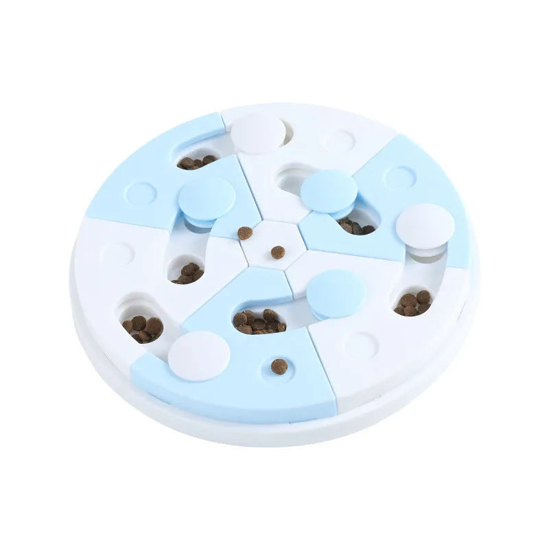 Blue and white jigsaw puzzle dog feeder tray made from PP with separate food compartments