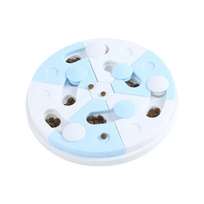 Blue and white jigsaw puzzle dog feeder tray made from PP with separate food compartments