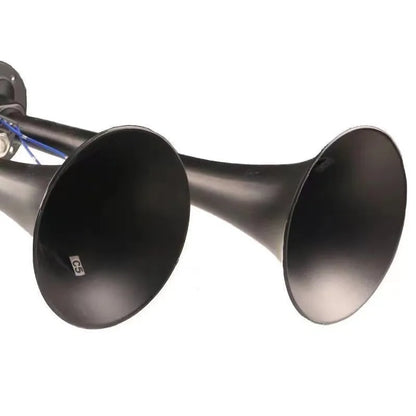 Black 12V and 24V 300DB dual trumpet air horn kit with compressor and speaker for universal vehicle mounting
