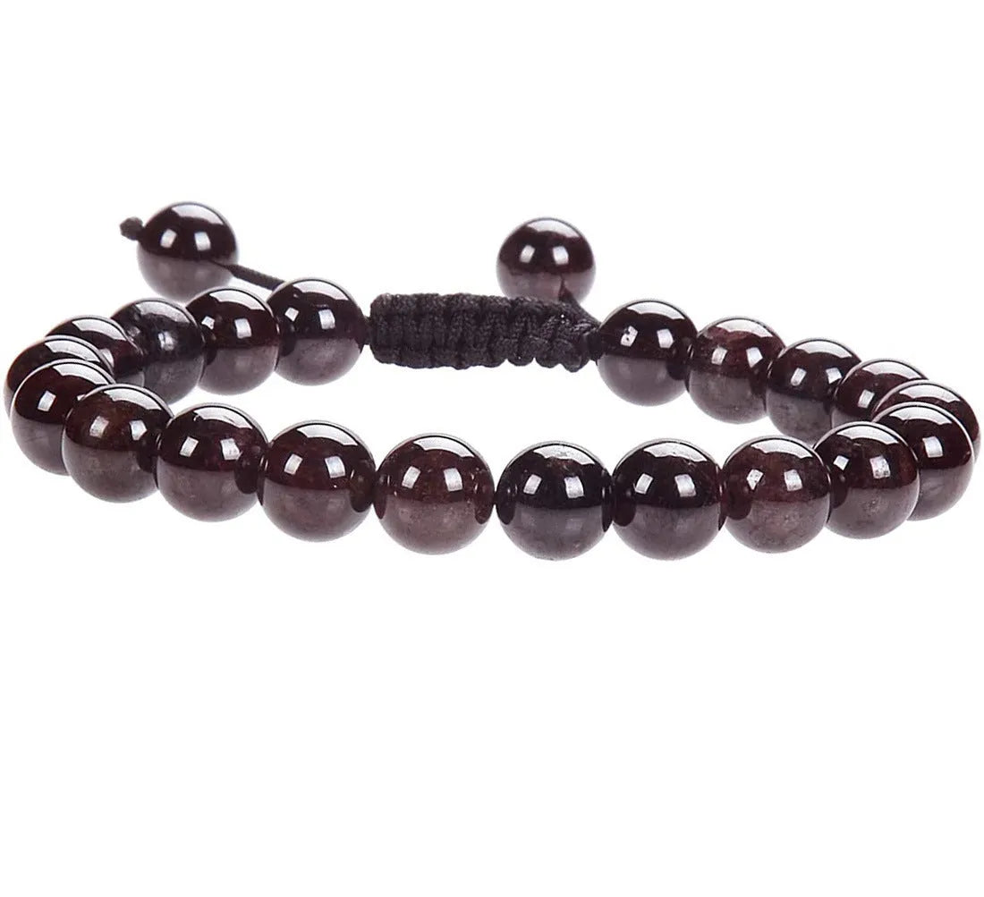 Women's flat knot braided healing bracelet hand-woven with natural gemstone beads in geometric pattern