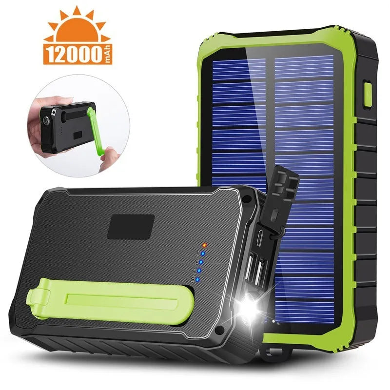 Orange and green portable solar power bank with hand crank, solar panel, and dual USB ports