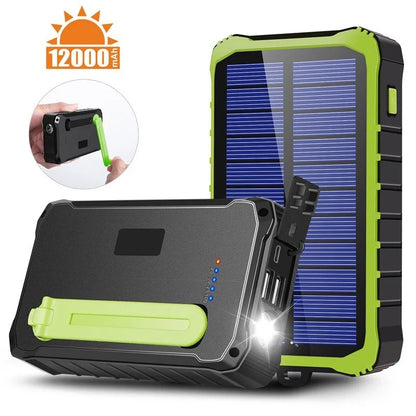 Orange and green portable solar power bank with hand crank, solar panel, and dual USB ports