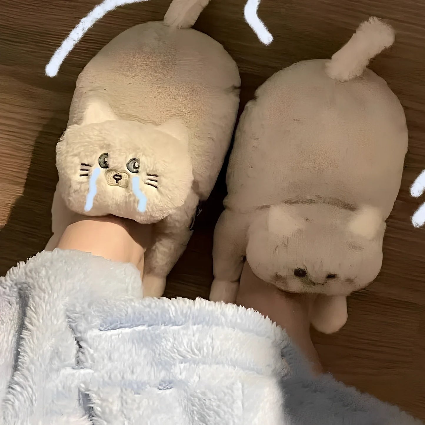Blue cat pattern cotton slippers with 1.5cm heel and non-slip soles for UK sizes 35-43