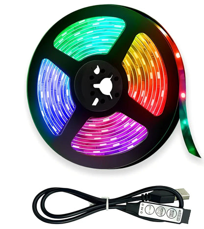 RGB LED strip lights with Bluetooth controller showing colour changing capability and flexible installation