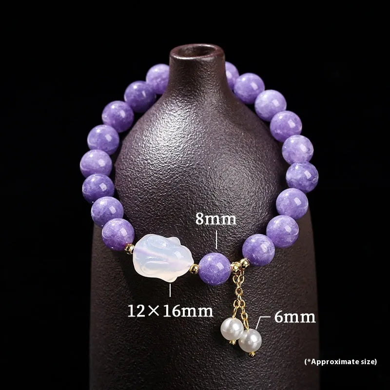 Purple aquamarine chalcedony and agate rabbit bracelet with geometric design and round elements