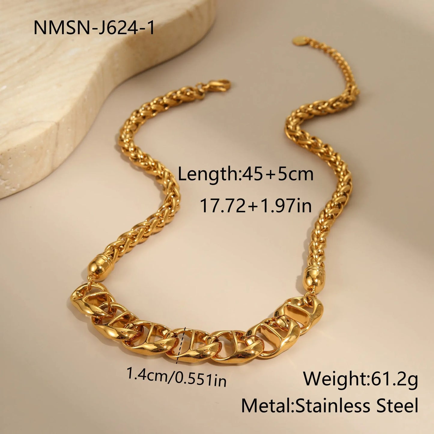 Gold plated stainless steel necklace with geometric pendant for women, shown in two colour options.