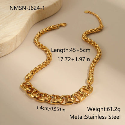 Gold plated stainless steel necklace with geometric pendant for women, shown in two colour options.